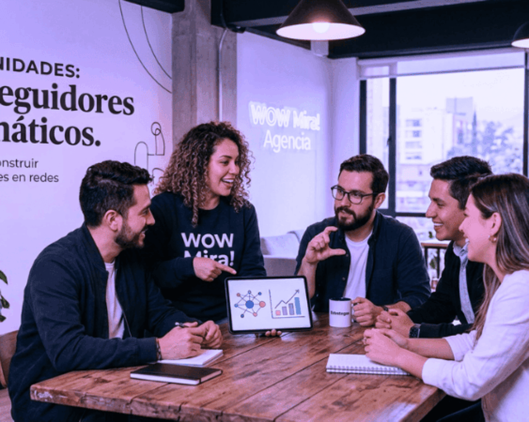 Imagen horizontal 16:9 que muestra un mapa visual de conexión comunitaria. En primer plano, perfiles destacados con iconos de fuego bajo el título "Fanáticos" y el logo de WOW Mira! Agencia, contrastando con una multitud de "Seguidores" al fondo. Ilustración conceptual para la nota 'De seguidores a fanáticos: Guía para construir comunidades en redes sociales'.