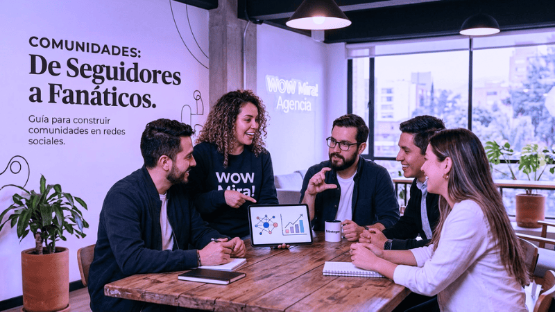 Imagen horizontal 16:9 que muestra un mapa visual de conexión comunitaria. En primer plano, perfiles destacados con iconos de fuego bajo el título "Fanáticos" y el logo de WOW Mira! Agencia, contrastando con una multitud de "Seguidores" al fondo. Ilustración conceptual para la nota 'De seguidores a fanáticos: Guía para construir comunidades en redes sociales'.